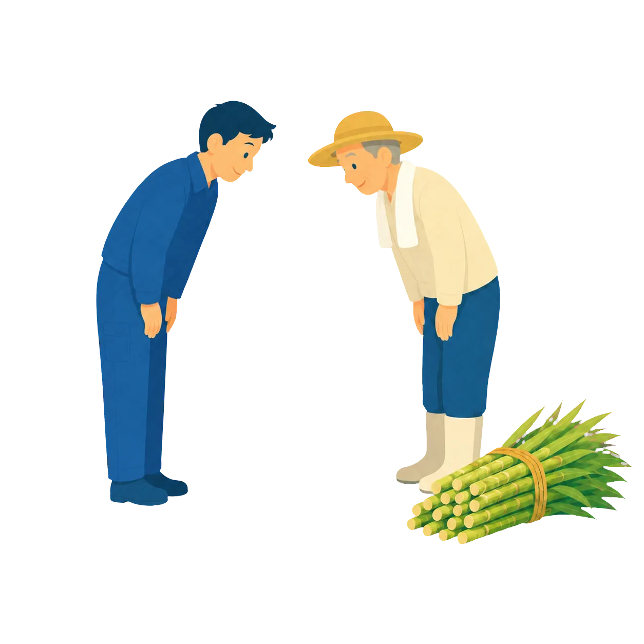 農家とあいさつを交わす狩俣運送のドライバーのイラスト