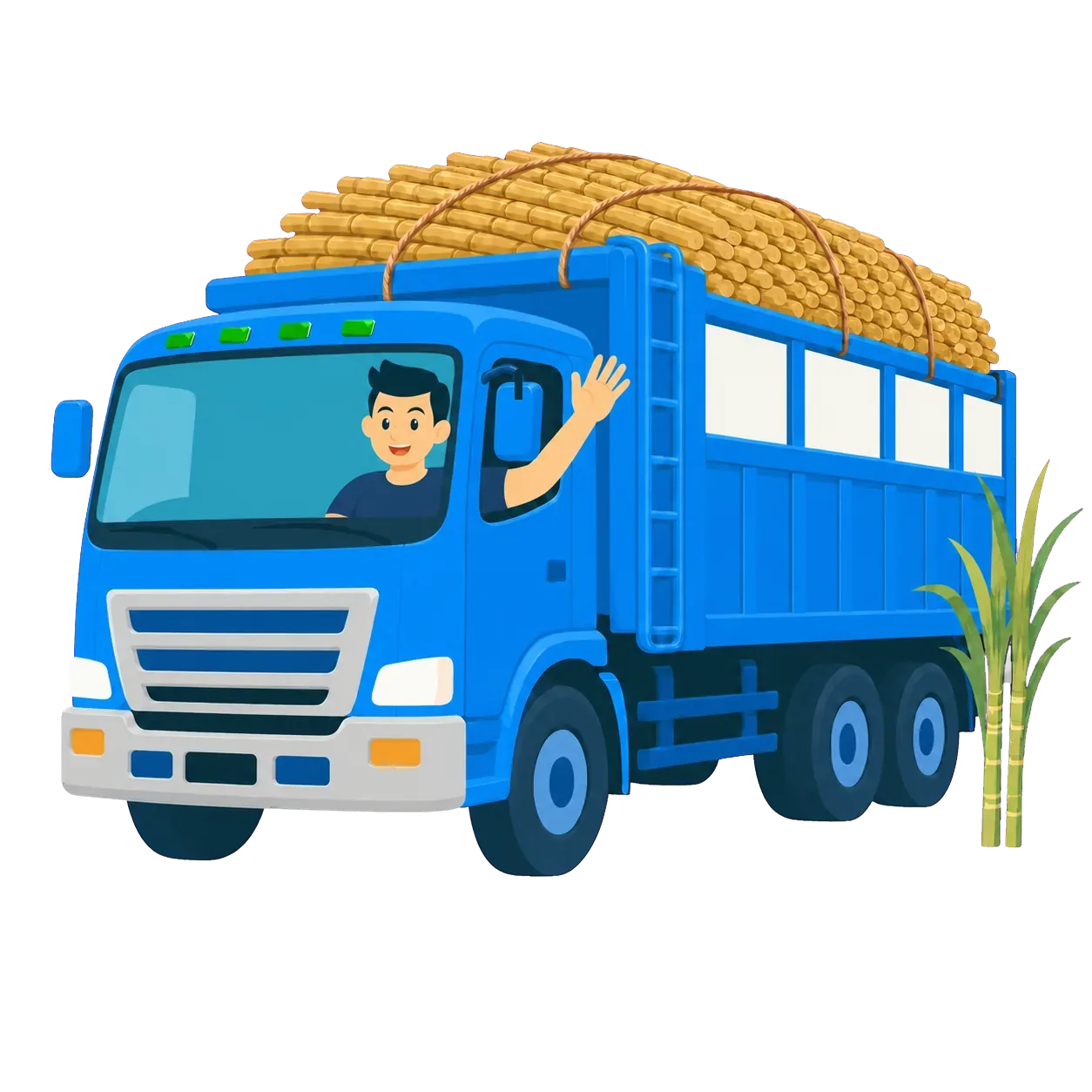 手を振るドライバーが乗った狩俣運送の青いトラックのイラスト